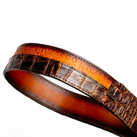 Full view of Texas luxury belt combining exotic caiman skin and smooth calf leather.