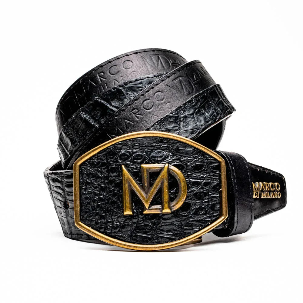 Close-up of Texas Belt in black combining caiman crocodile skin and calf leather textures
