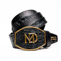 Close-up of Texas Belt in black combining caiman crocodile skin and calf leather textures