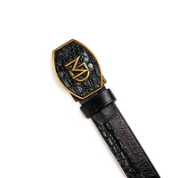 Front view of Texas Belt showing the Marco Di Milano hot-stamped calf leather and western style buckle