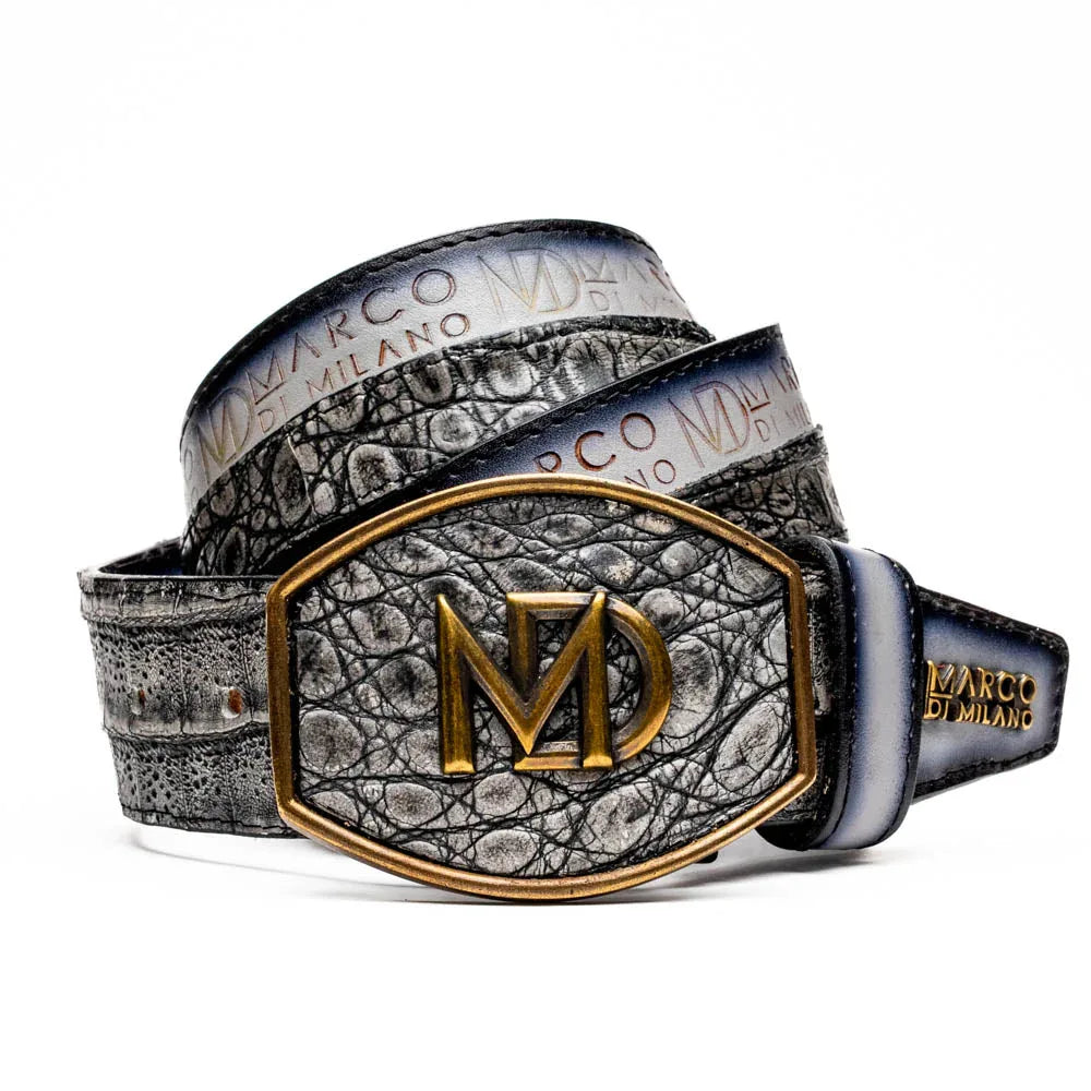 Close-up of gray Texas belt showing caiman crocodile texture and smooth calf leather with embossed branding.