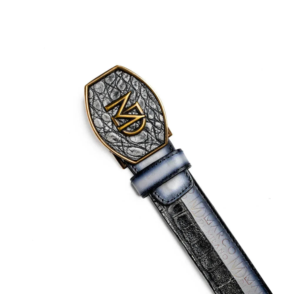 Side view of Texas belt highlighting contrasting caiman crocodile and calfskin leather textures.