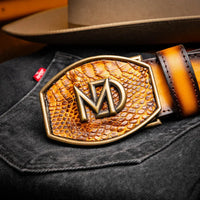 Lifestyle shot of Texas Belt seen from the front worn with casual wear and boots.