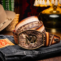 Model wearing Texas Belt styled with casual outfit highlighting belt’s luxury western buckle.