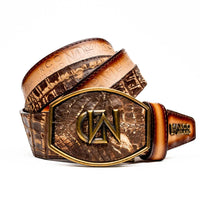 Close-up of Texas Belt in stone brown showing textured caiman crocodile and smooth calfskin leather sections.
