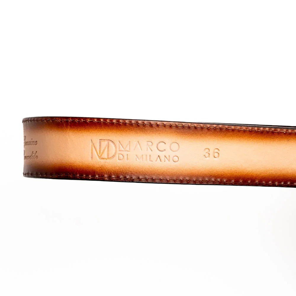 Side view of Texas Belt displaying antique-finish Western buckle and contrasting leather textures.