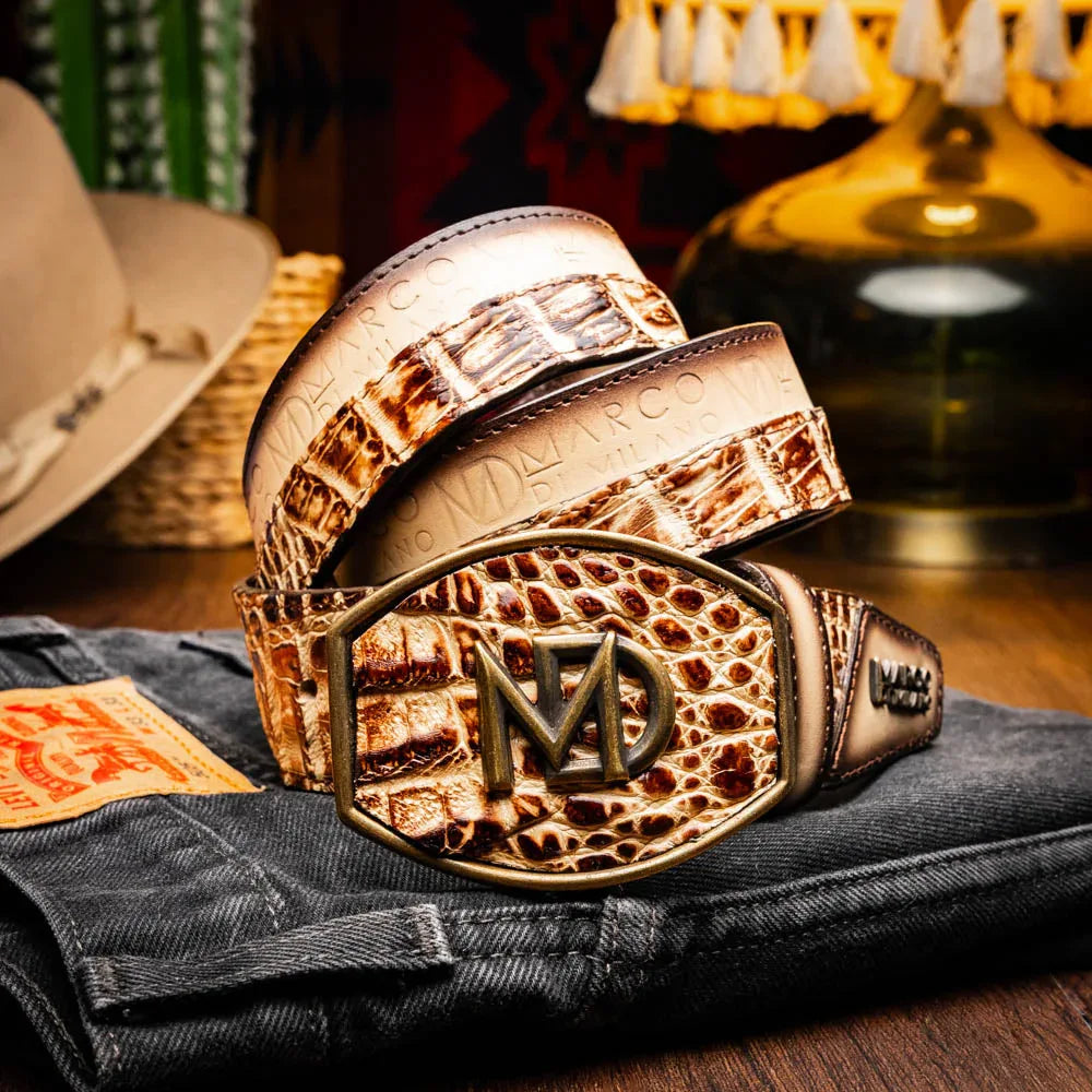 Model wearing stone orix Texas caiman crocodile and calfskin western belt, paired with jeans.