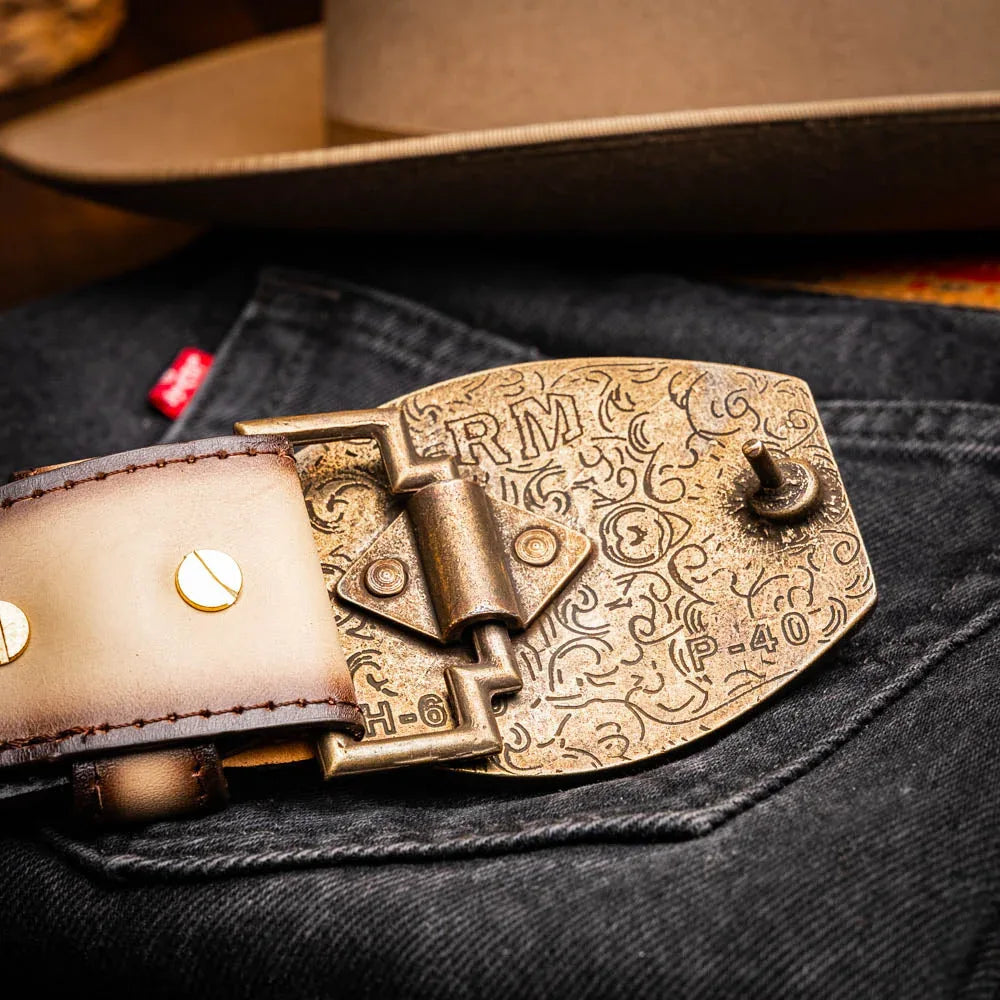 Lifestyle image of Texas western belt with exotic leather details worn with casual clothing.