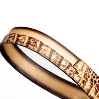 Antique-finish western buckle and metal tip on exotic leather Texas belt in stone orix.