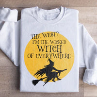 White sweatshirt displaying The Wicked Witch Of Everywhere themed print