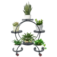 Close-up of black metal plant stand tiers displaying multiple lush green plants in diverse pots.