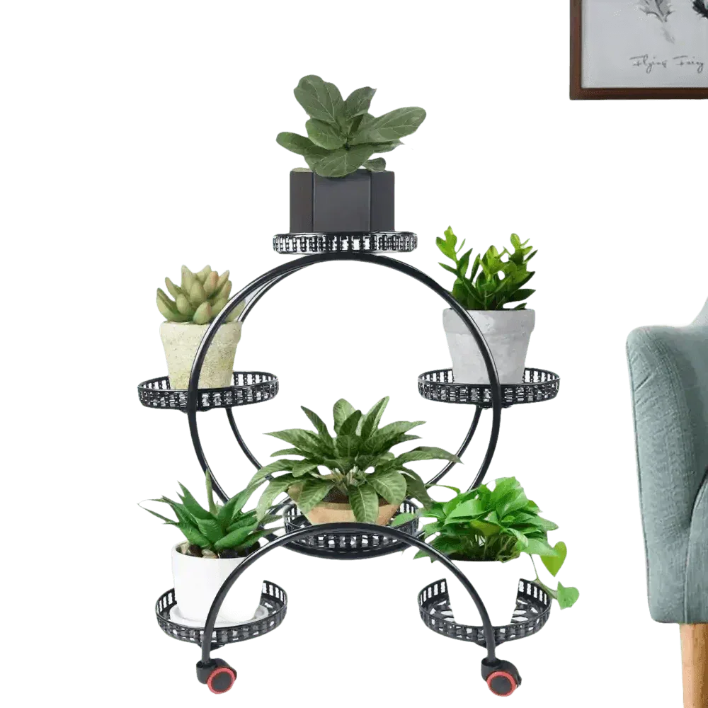 Black six-tier circular metal plant stand holding six different green potted plants in a living room corner.