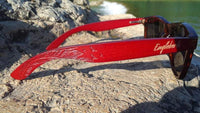 Side angle of tortoise patterned bamboo framed sunglasses highlighting temple design.