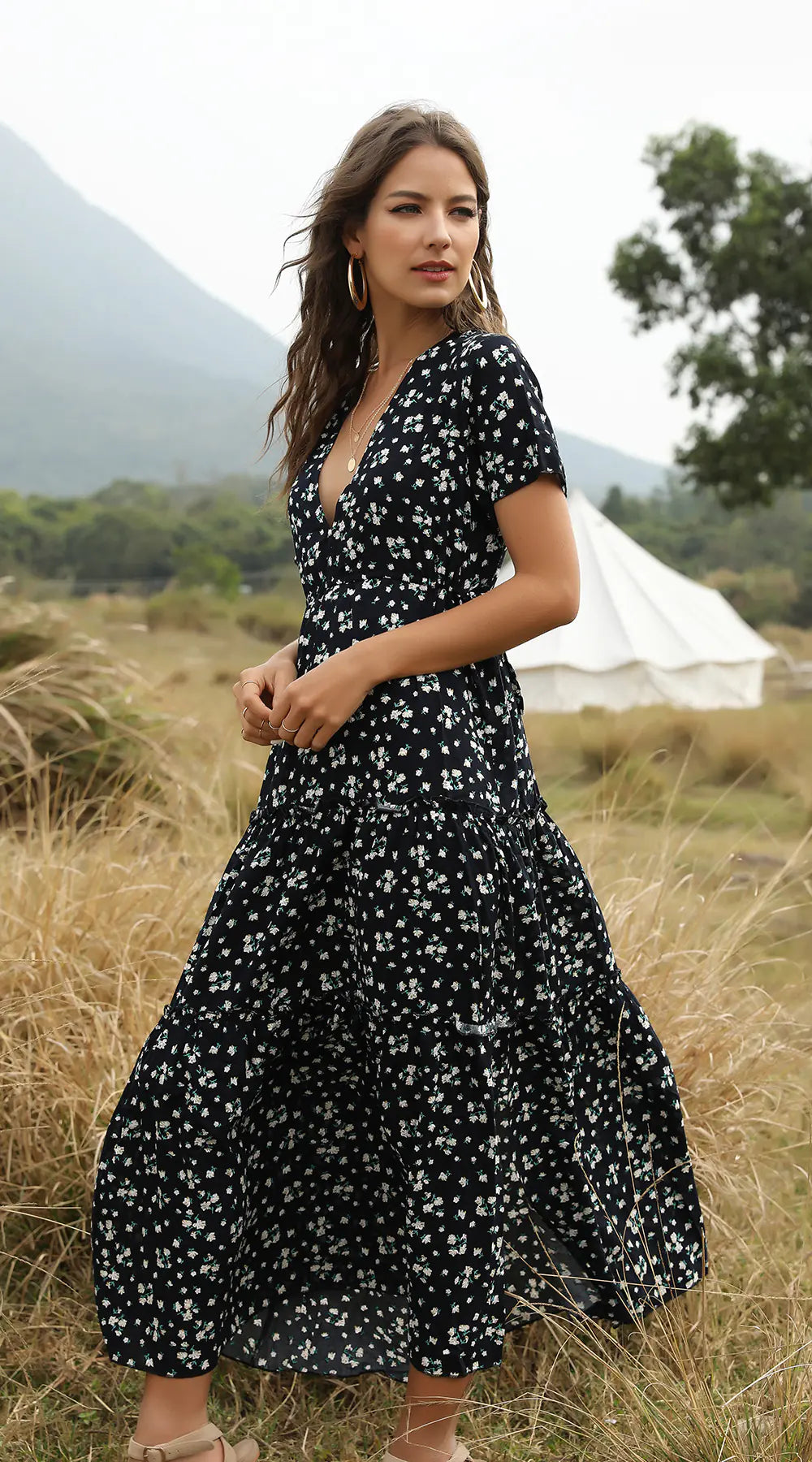 Bohemian Ruffled Floral Maxi Dress with V-Neck