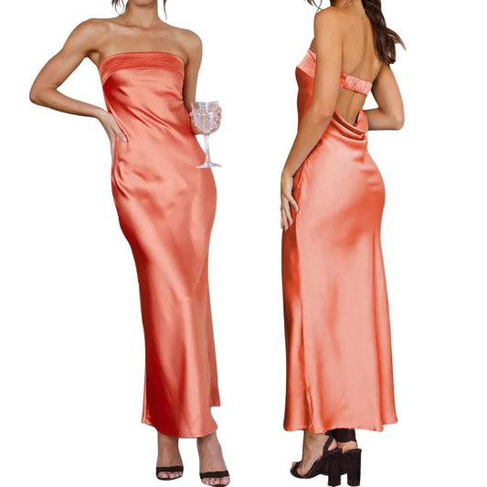Womens Sexy Satin Tube Maxi Dress Elegant Silk Strapless Open Back Party Cocktail Wedding Guest Formal Long Dresses Orange