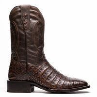Side view of Tucson Aged Brown caiman belly skin cowboy boot highlighting polished finish.