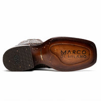 Detailed view of square toe and hand-polished finish on Western style caiman belly skin boot.