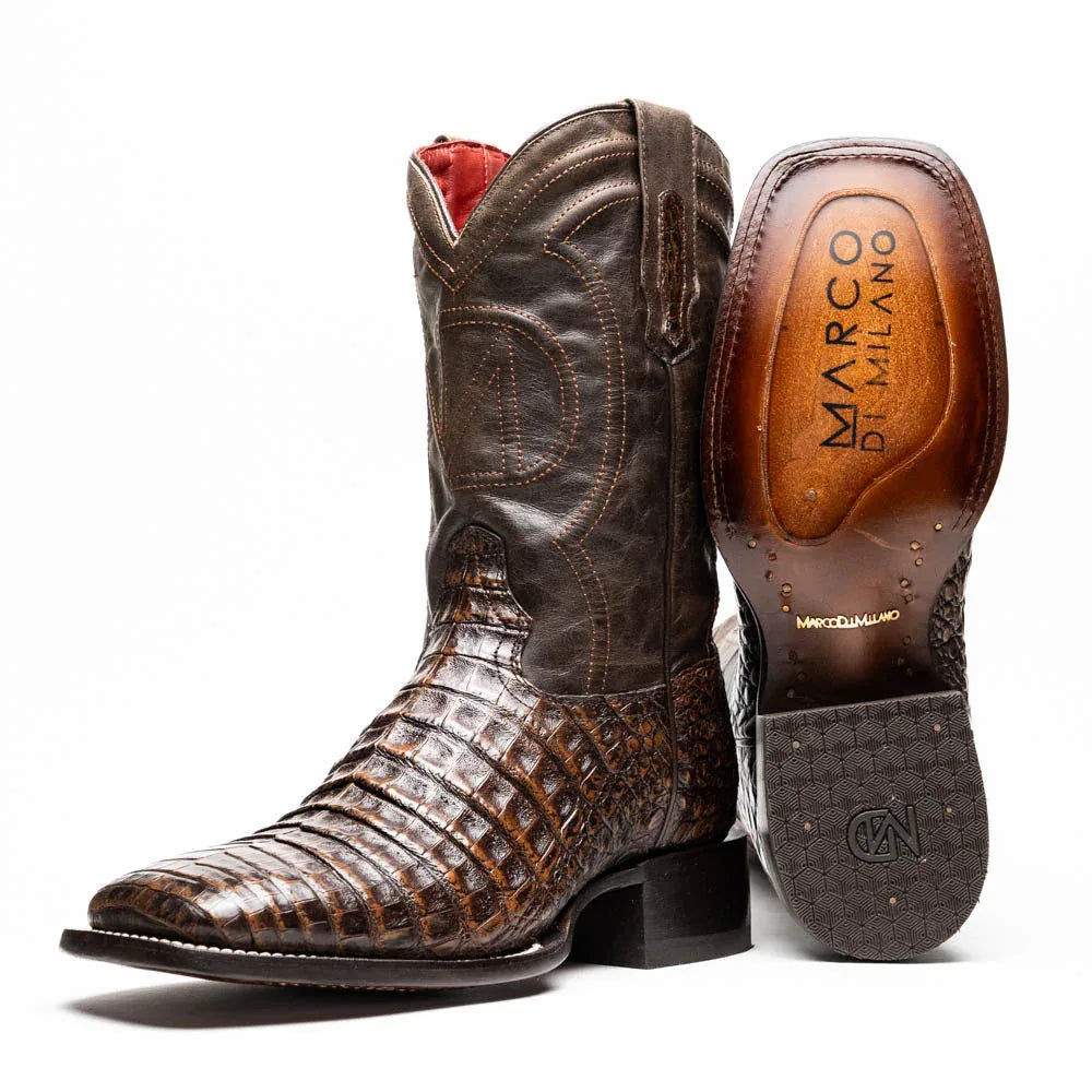 Close-up of Tucson Aged Brown cowboy boot showing textured caiman belly skin and square toe.