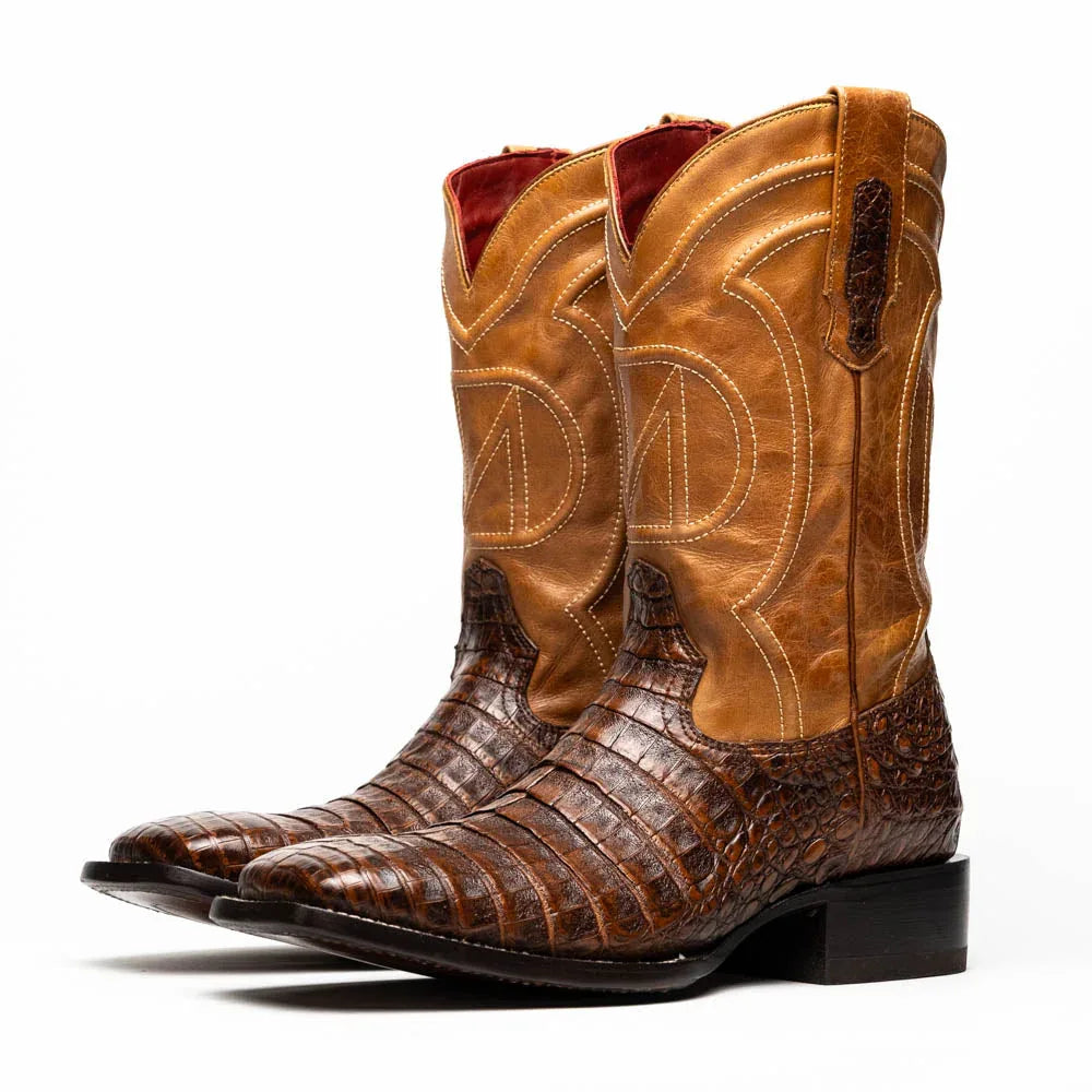 Pair of Tucson square-toe cowboy boots made of genuine caiman belly skin and full-grain leather.