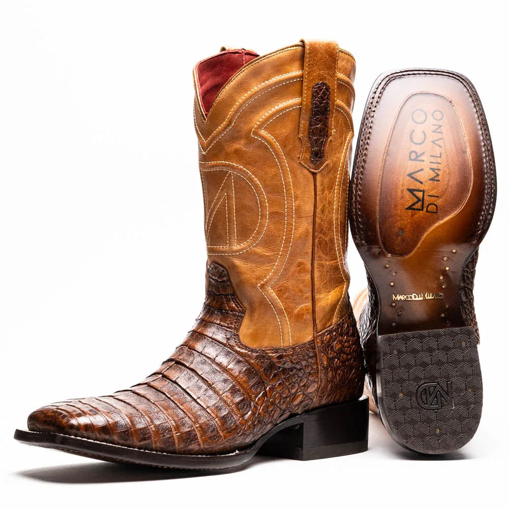 Close-up of Tucson cowboy boot showing textured caiman belly skin and square toe in aged maple color.