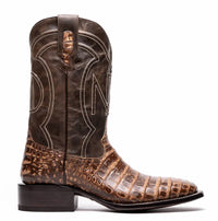 Side view of Tucson Stone Brown cowboy boot highlighting smooth full-grain leather with folded shaft detail.