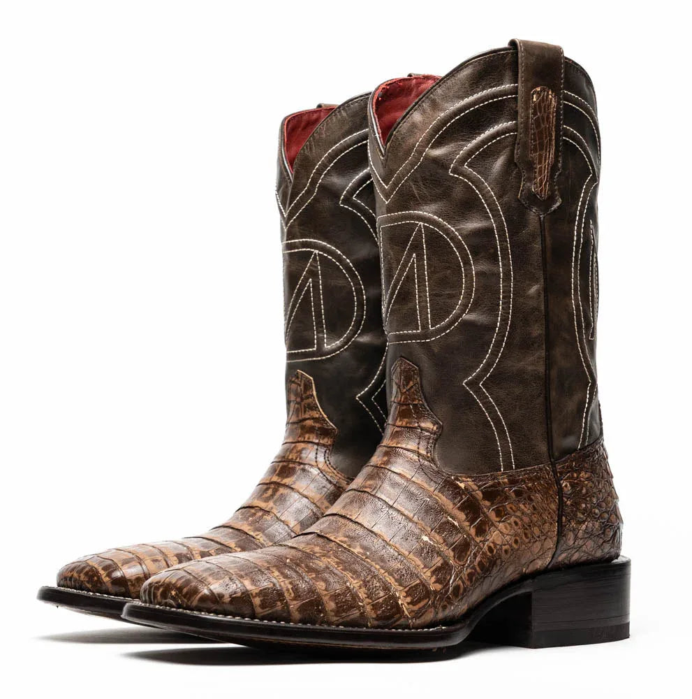 Front angled view of Tucson Stone Brown cowboy boot featuring sharp square toe and polished finish.