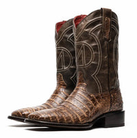 Front angled view of Tucson Stone Brown cowboy boot featuring sharp square toe and polished finish.