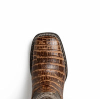 Back view of Tucson Stone Brown cowboy boot displaying heel shape and smooth leather surface.