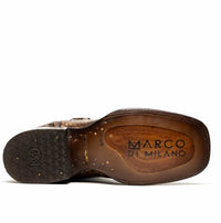 Top down view of Tucson Stone Brown boot emphasizing square toe box and leather grain.