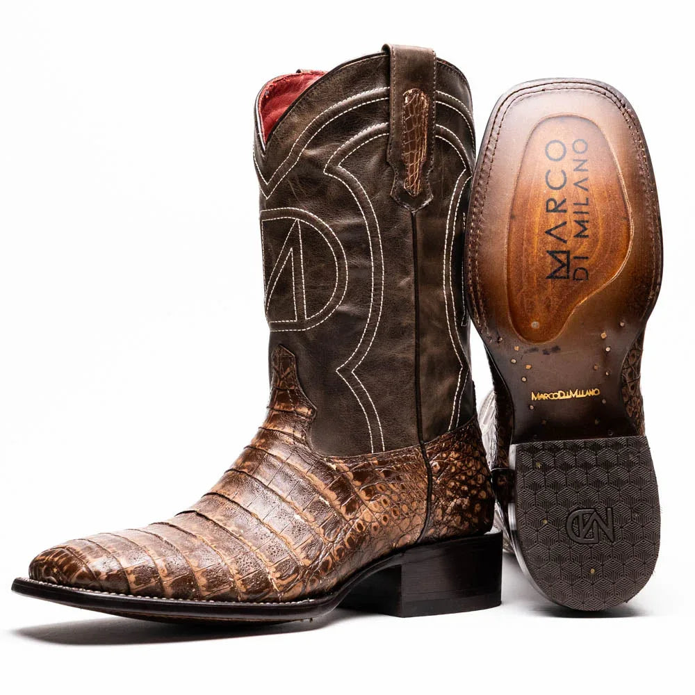 Close-up of Tucson Stone Brown genuine caiman belly skin cowboy boot showing square toe and textured leather.