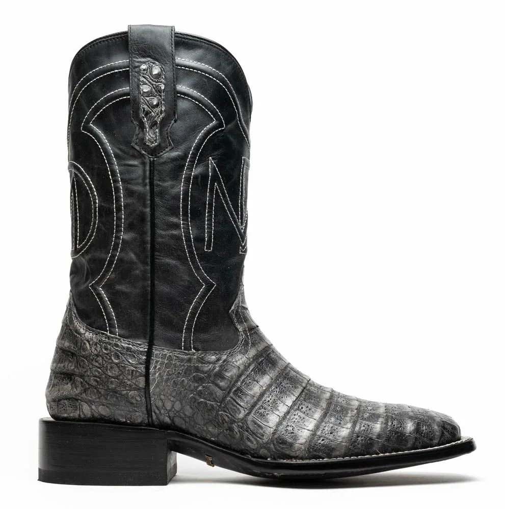 Front angle of Tucson Stone Gray boot highlighting genuine caiman belly skin and square toe design.