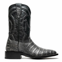 Front angle of Tucson Stone Gray boot highlighting genuine caiman belly skin and square toe design.