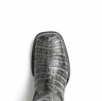 Close-up detail of boot's caiman belly skin pattern and clean leather lines on Tucson Stone Gray.