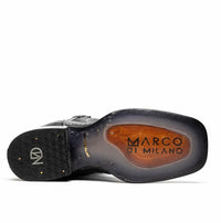 Back view of Tucson Stone Gray cowboy boot revealing heel and signature red interior lining.