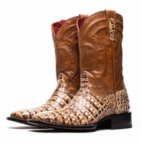 Tucson Stone Orix cowboy boot angled to show polished finish and rugged caiman skin detail