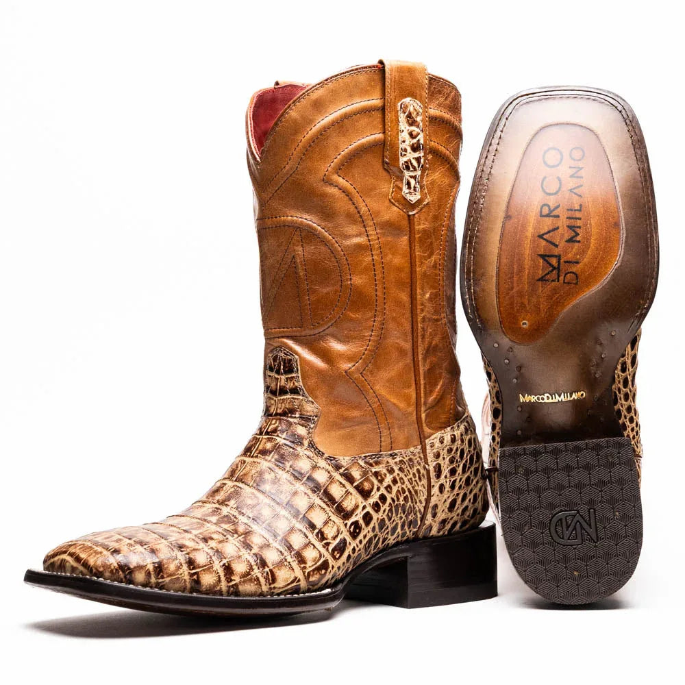 Close-up of Tucson Stone Orix cowboy boot showing square toe and caiman belly skin texture