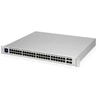 Front view of a Ubiquiti UniFi 48-port Gigabit switch with multiple Ethernet and SFP+ ports, showcasing professional PoE