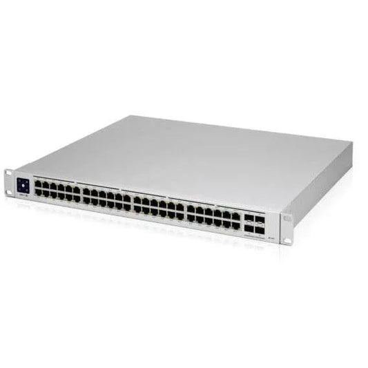 Front view of a Ubiquiti UniFi 48-port Gigabit switch with multiple Ethernet and SFP+ ports, showcasing professional PoE