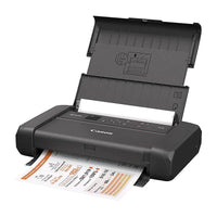 Canon TR150 mobile printer displayed on a white surface with printed sheet