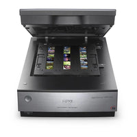 Top view of EPSON V850 flatbed scanner with transparent lid and control buttons on the right side
