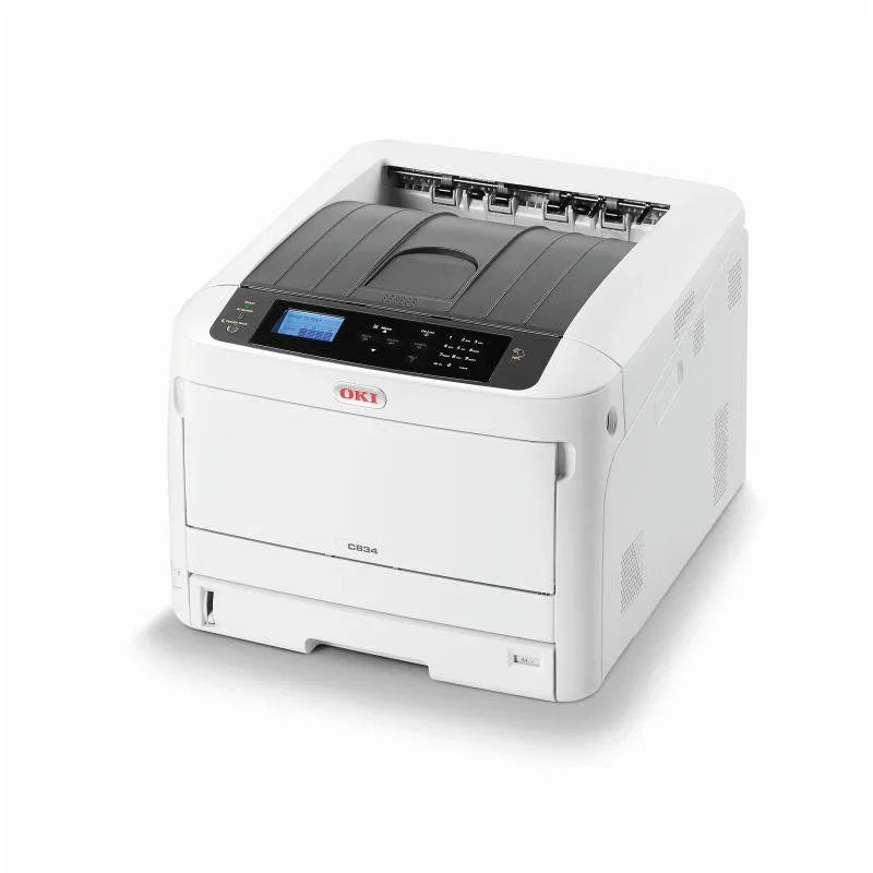 OKI C834NW Colour Laser Printer shown from front with control panel and paper output tray visible