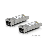 Two Ubiquiti UF-MM-10G multi-mode fiber SFP modules with LC connectors on white background