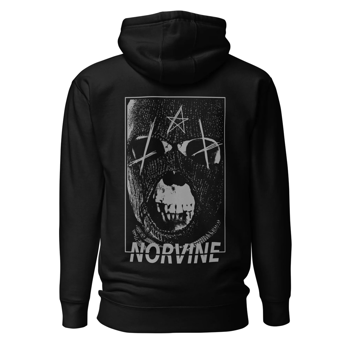 Back view of Norvine Rebel Mask hoodie featuring a plain black design and self-fabric patch.