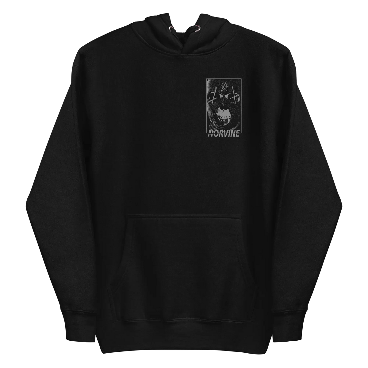 Front view of Norvine Rebel Mask hoodie in black with front pouch pocket and hood.