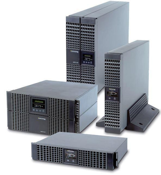 Socomec Netys RT 2200 2U UPS tower shown from angle, black unit with front panel and ventilation slots.