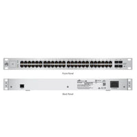 Front view of Ubiquiti UniFi 48-port Gigabit switch with managed PoE and SFP ports on a white background