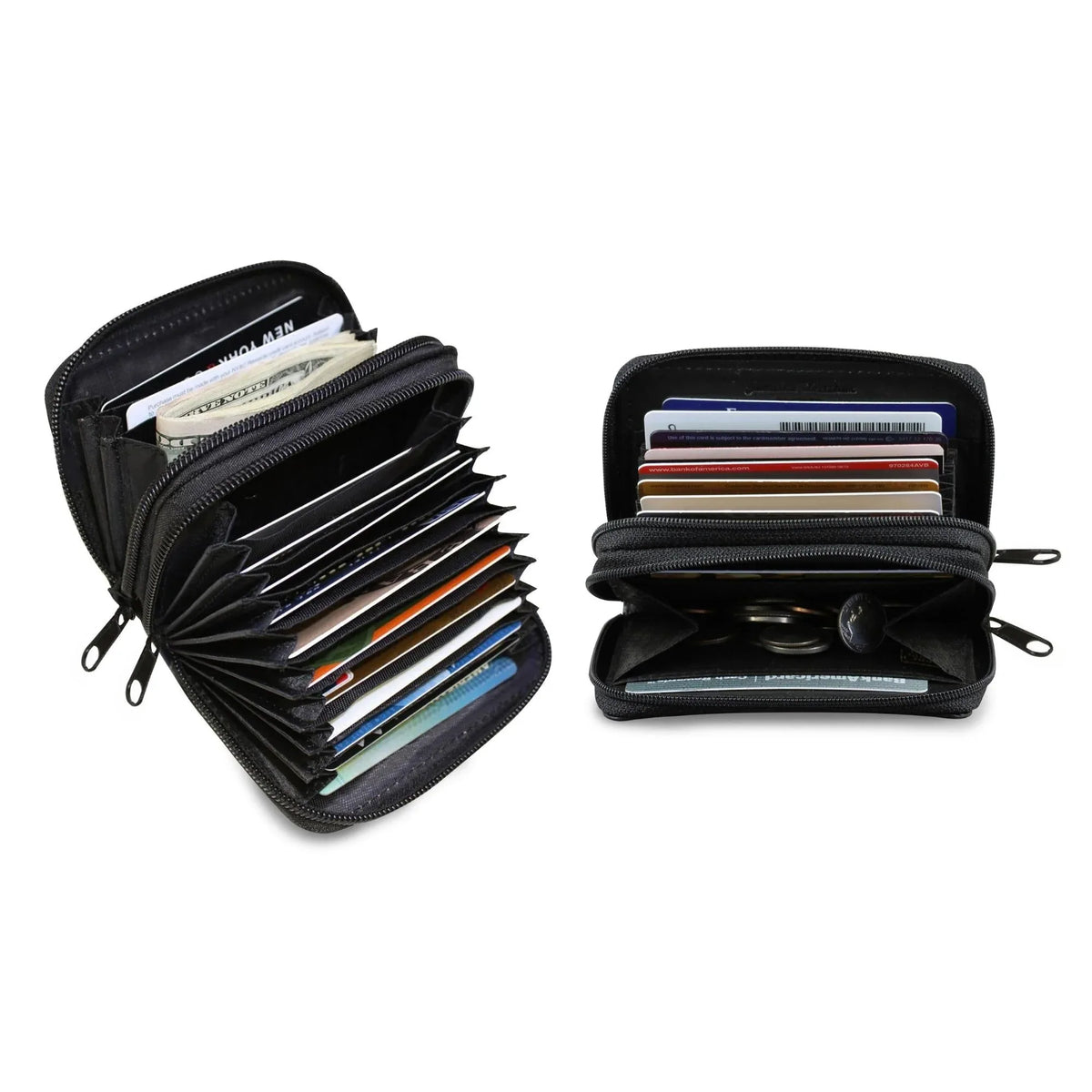 Compact leather wallet open showing multiple card slots and ID display window with cards inside.