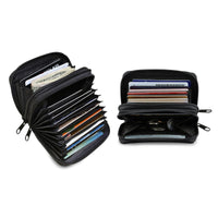 Compact leather wallet open showing multiple card slots and ID display window with cards inside.
