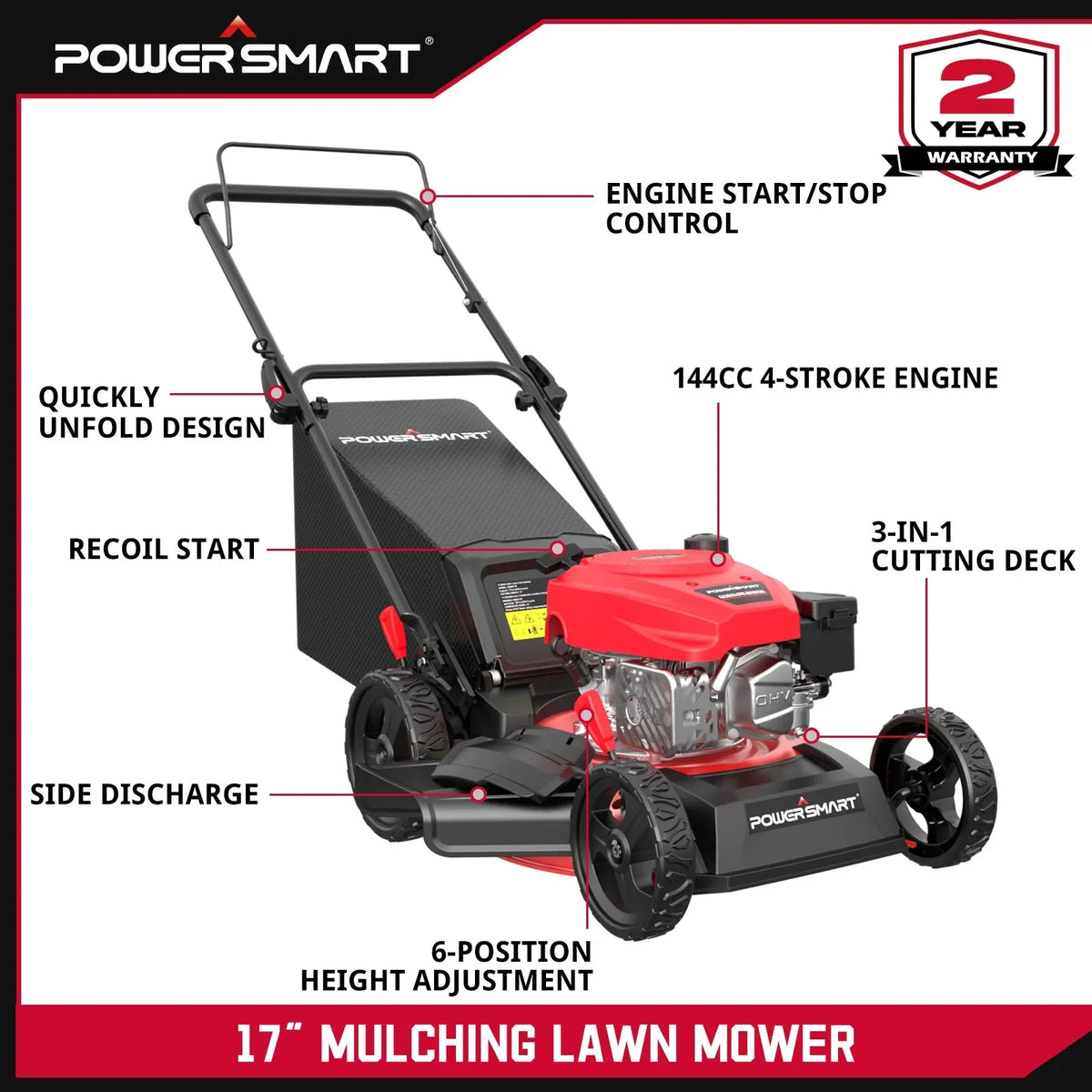 Close-up of gas powered engine and recoil pull start on lawn mower