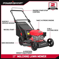 Close-up of gas powered engine and recoil pull start on lawn mower